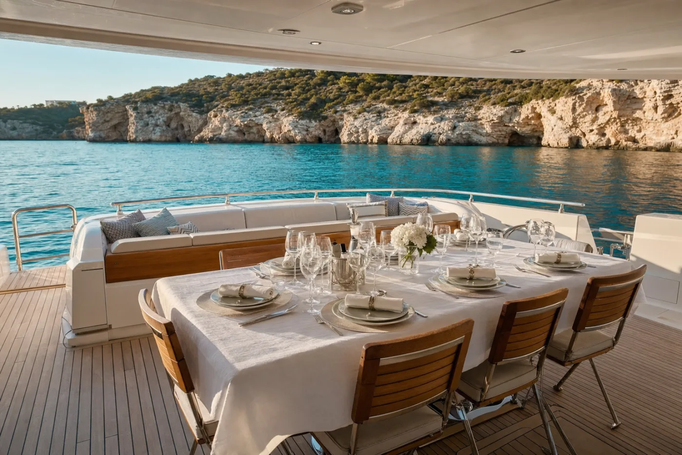 A laid table on the aft deck of a yacht at anchor